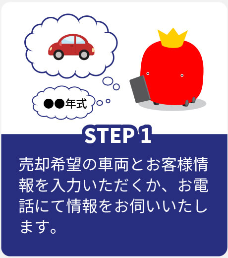 STEP1 売却希望の車両とお客様情報を入力いただくか、お電話にて情報をお伺いいたします。
